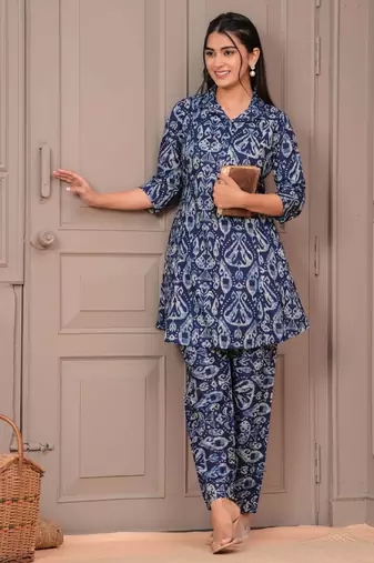 Navy blue printed cotton co-ord set for women