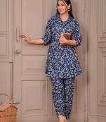 Navy blue printed cotton co-ord set for women