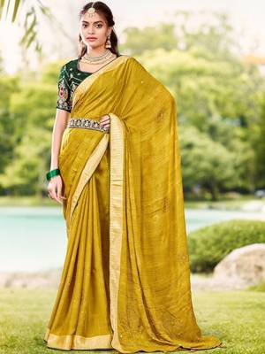 Mustard mustard moss crepe viscose zari border saree with contrast blouse piece 1