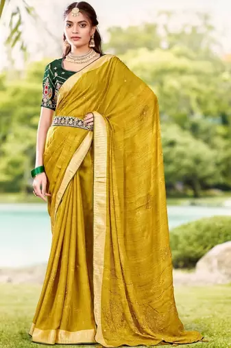 Mustard mustard moss crepe viscose zari border saree with contrast blouse piece