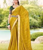 Mustard mustard moss crepe viscose zari border saree with contrast blouse piece