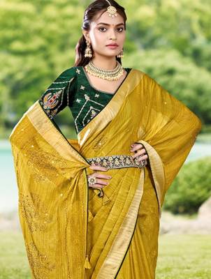 Mustard mustard moss crepe viscose zari border saree with contrast blouse piece 2