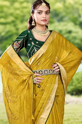Mustard mustard moss crepe viscose zari border saree with contrast blouse piece