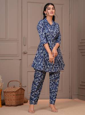 Navy blue printed cotton co-ord set for women 3