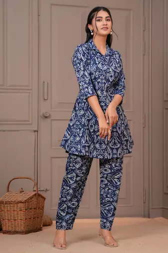 Navy blue printed cotton co-ord set for women
