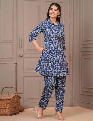 Navy blue printed cotton co-ord set for women 4