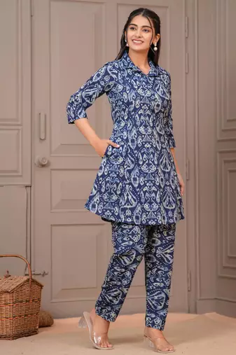 Navy blue printed cotton co-ord set for women