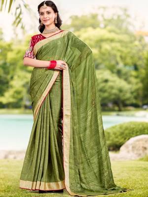 Green green moss crepe viscose zari border saree with contrast blouse piece 1