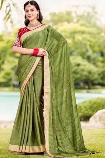 Green green moss crepe viscose zari border saree with contrast blouse piece