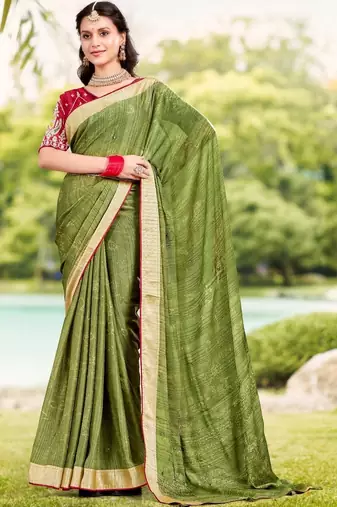 Green green moss crepe viscose zari border saree with contrast blouse piece