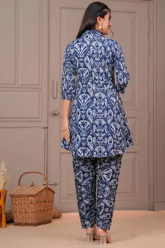 Navy blue printed cotton co-ord set for women