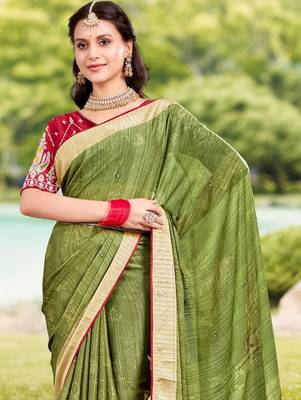 Green green moss crepe viscose zari border saree with contrast blouse piece 2