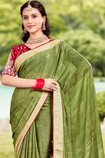 Green green moss crepe viscose zari border saree with contrast blouse piece