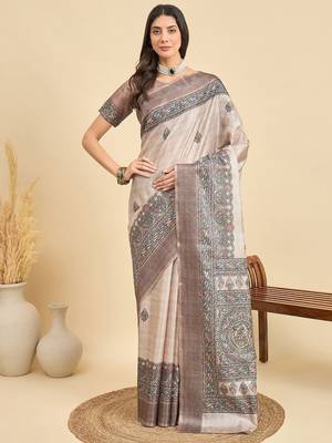 Beige ethnic motifs silk blend designer tussar saree 1