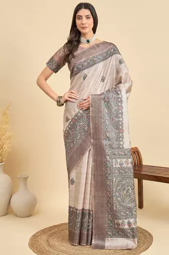 Beige ethnic motifs silk blend designer tussar saree