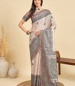 Beige ethnic motifs silk blend designer tussar saree