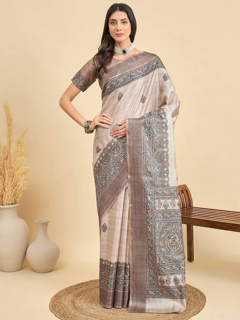 Beige ethnic motifs silk blend designer tussar saree