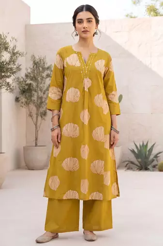 Yellow printed straight co-ords set for women