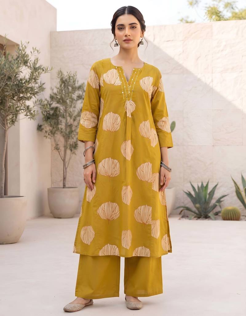 Yellow printed straight co-ords set for women