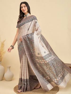 Beige ethnic motifs silk blend designer tussar saree 2