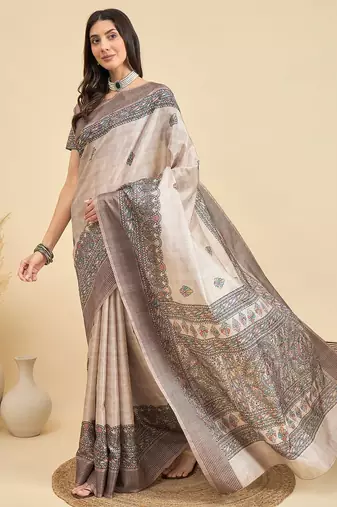 Beige ethnic motifs silk blend designer tussar saree