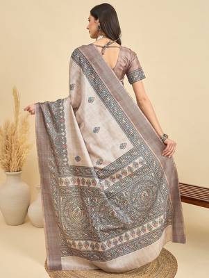 Beige ethnic motifs silk blend designer tussar saree 3
