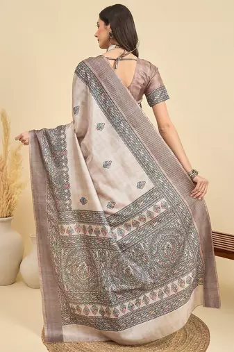 Beige ethnic motifs silk blend designer tussar saree