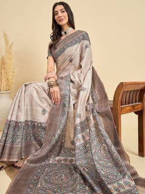Beige ethnic motifs silk blend designer tussar saree 4