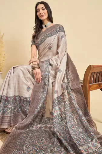 Beige ethnic motifs silk blend designer tussar saree