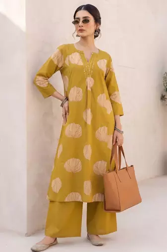 Yellow printed straight co-ords set for women
