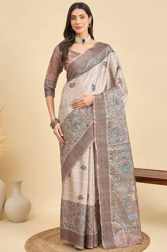 Beige ethnic motifs silk blend designer tussar saree