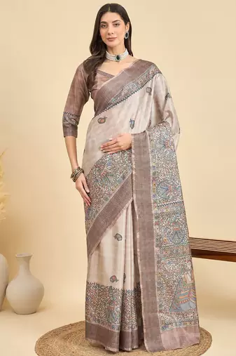 Beige ethnic motifs silk blend designer tussar saree
