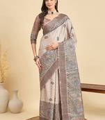 Beige ethnic motifs silk blend designer tussar saree