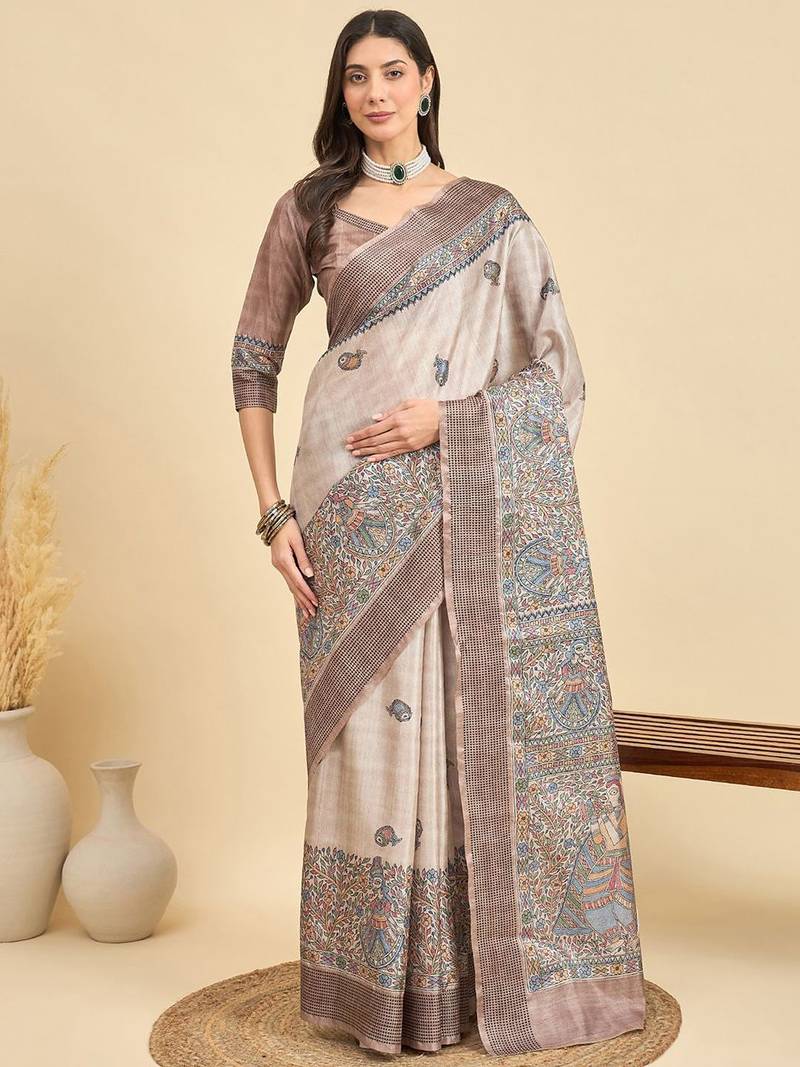 Beige ethnic motifs silk blend designer tussar saree