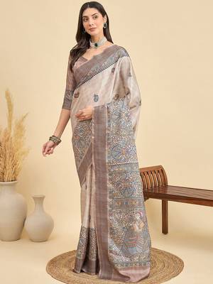 Beige ethnic motifs silk blend designer tussar saree 2