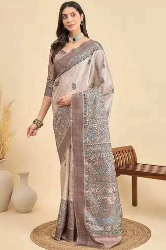 Beige ethnic motifs silk blend designer tussar saree