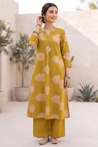 Yellow printed straight co-ords set for women