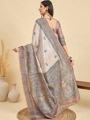 Beige ethnic motifs silk blend designer tussar saree 3