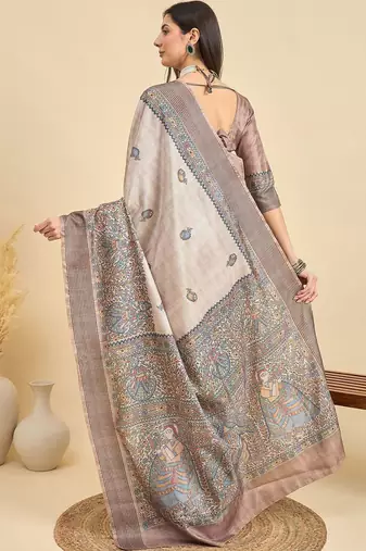 Beige ethnic motifs silk blend designer tussar saree