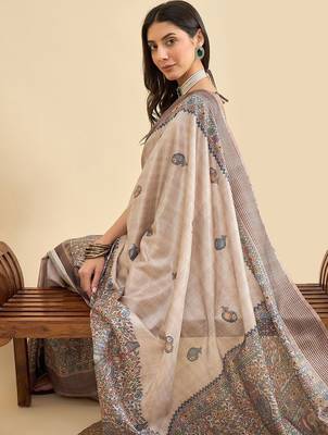 Beige ethnic motifs silk blend designer tussar saree 4