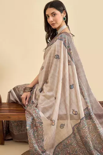 Beige ethnic motifs silk blend designer tussar saree