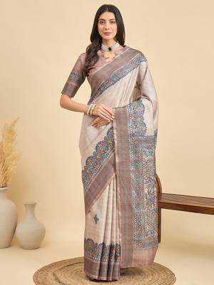 Beige ethnic motifs silk blend designer tussar saree 1