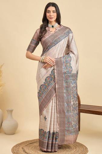 Beige ethnic motifs silk blend designer tussar saree