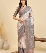 Beige ethnic motifs silk blend designer tussar saree