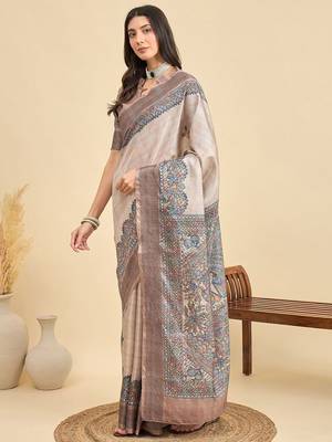 Beige ethnic motifs silk blend designer tussar saree 2