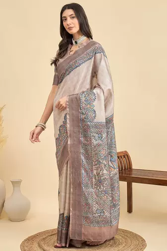 Beige ethnic motifs silk blend designer tussar saree