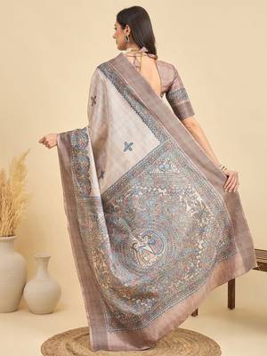 Beige ethnic motifs silk blend designer tussar saree 3