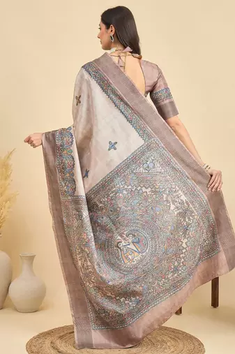 Beige ethnic motifs silk blend designer tussar saree
