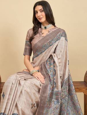 Beige ethnic motifs silk blend designer tussar saree 4