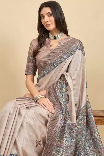 Beige ethnic motifs silk blend designer tussar saree